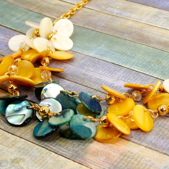 Multi color shell necklace and earring set in blue, beige, and white shell disk - Picture 3 of 12